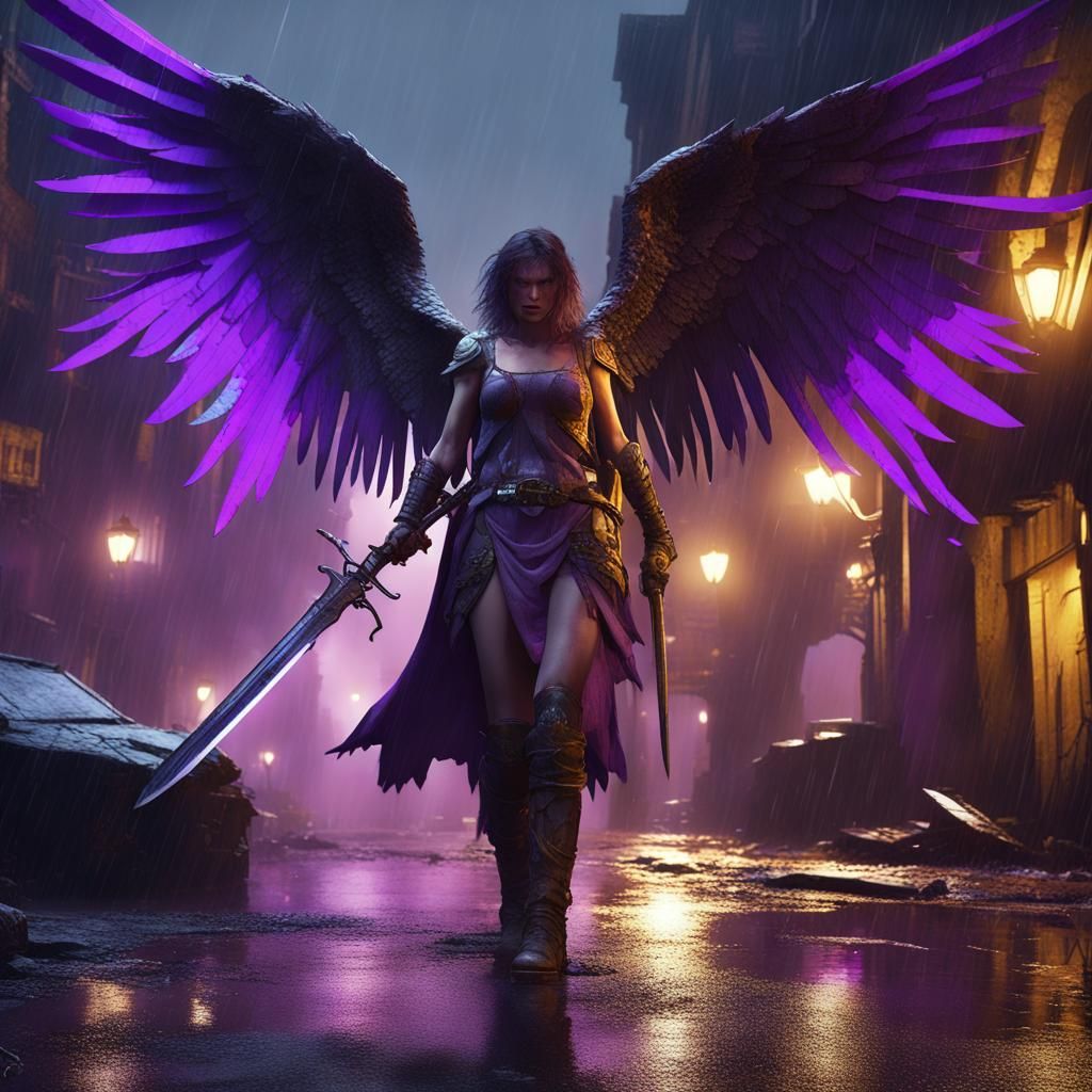 Dark Fantasy Angel Warrior in Ruined Town at Night