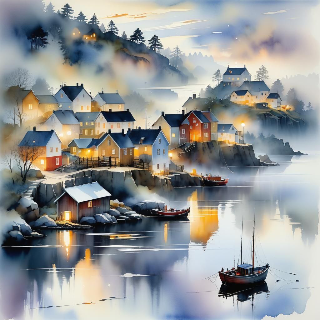 Whimsical Swedish Fishing Village at Daybreak