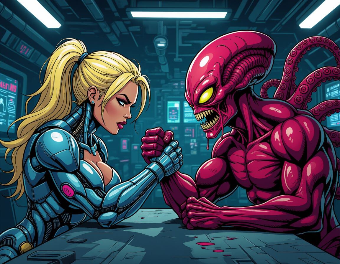 Muscular Cyborg Woman Armwrestling Tentacular Alien in Space...