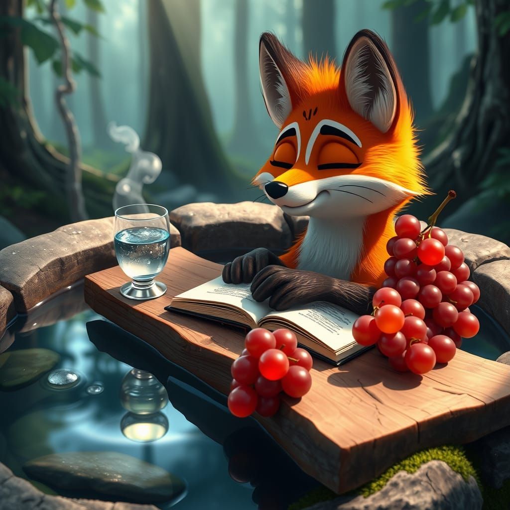 Cartoon Fox Spa Day in Hyperrealistic Forest