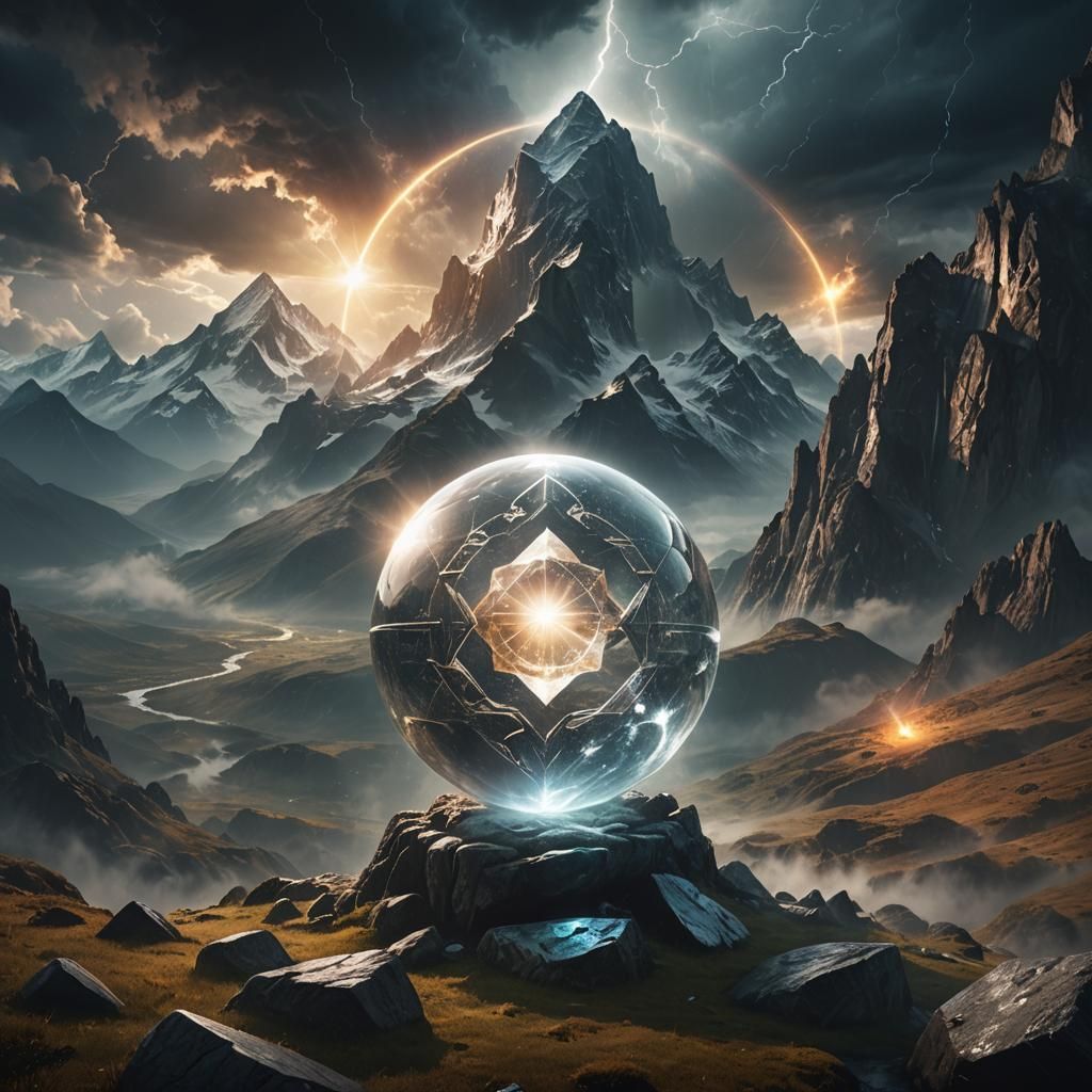 Epic Fantasy Crystal Sphere in Stormy Mountainscape, Photore...
