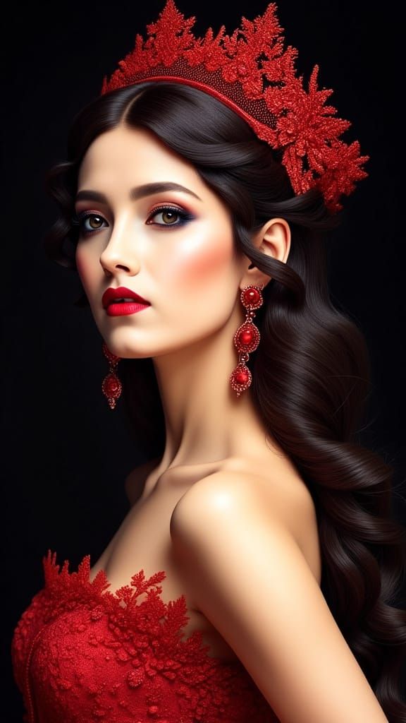 Glamorous Woman in Red Lace Headpiece - High Fashion Portrai...