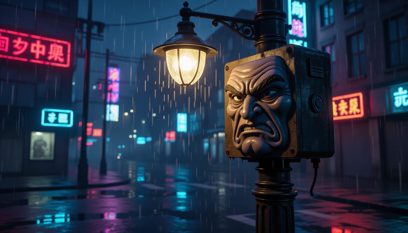 Grumpy Streetlamp Glare in Cyberpunk City