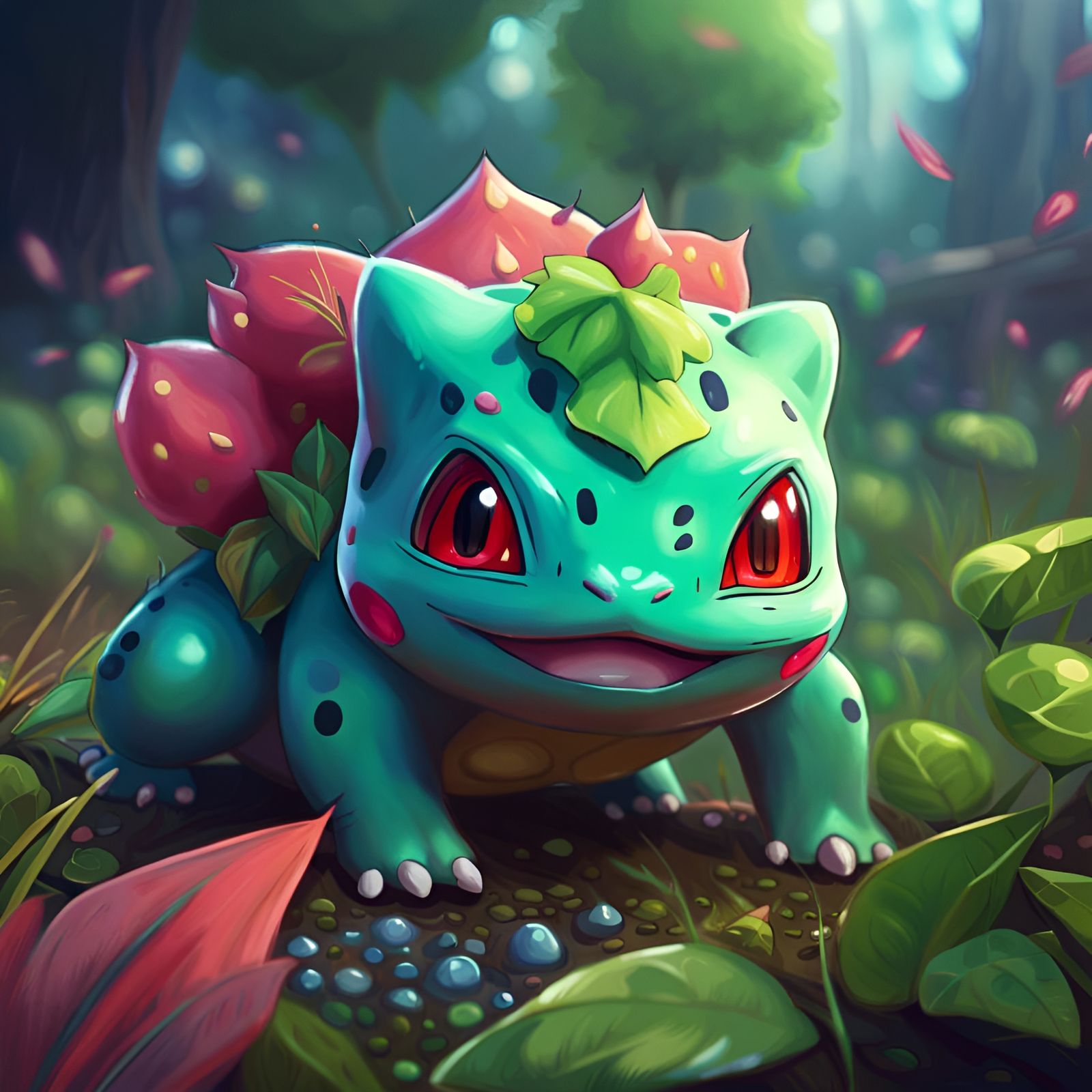 Colorful Oil Painting of Bulbasaur, a Cute Fantasy Pokemon