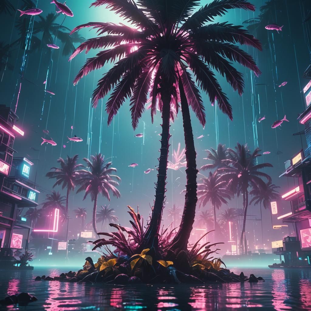 Neon Palm Tree in Futuristic Ocean Depths