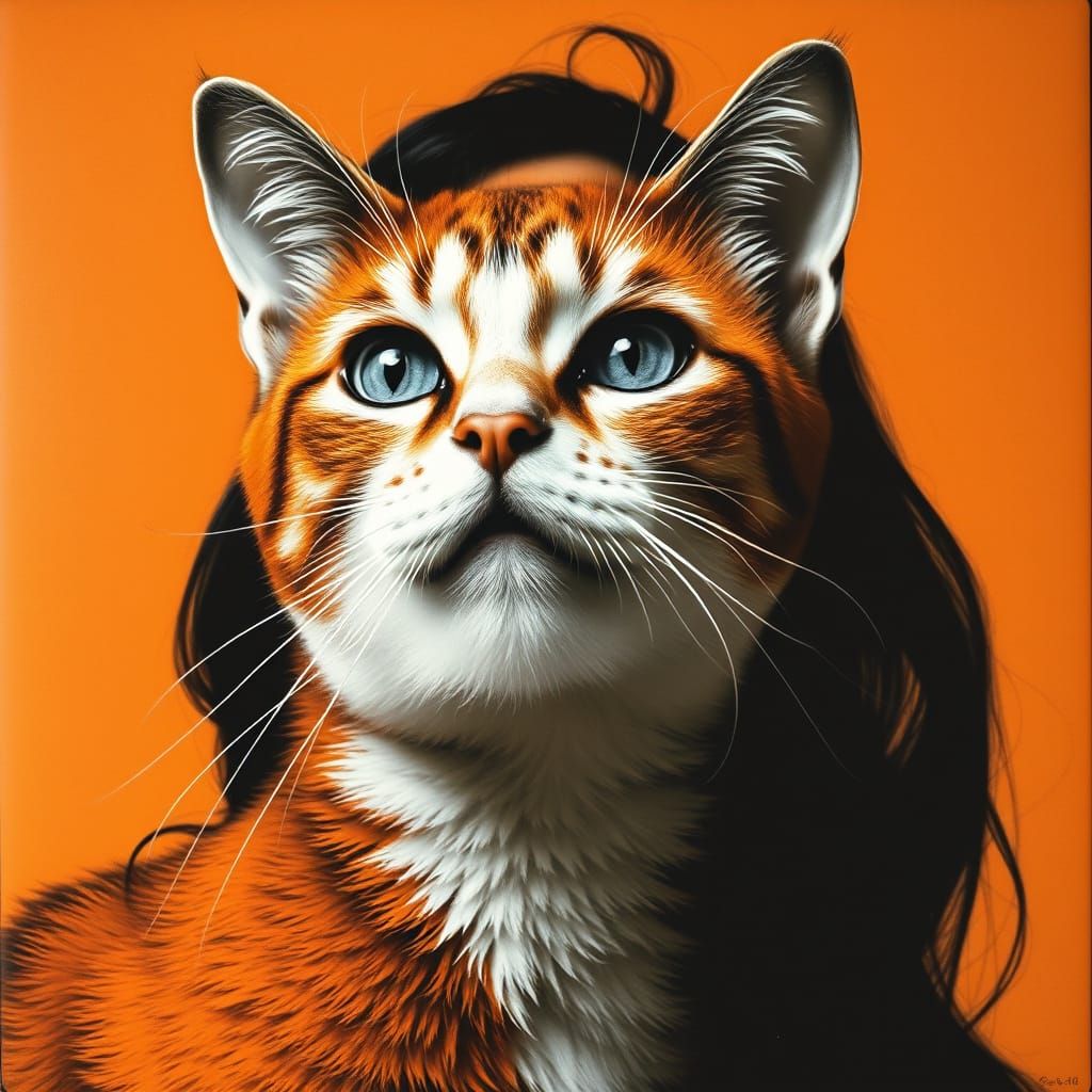 Woman in Cat, 1970s Op Art in Black and White with Vibrant O...