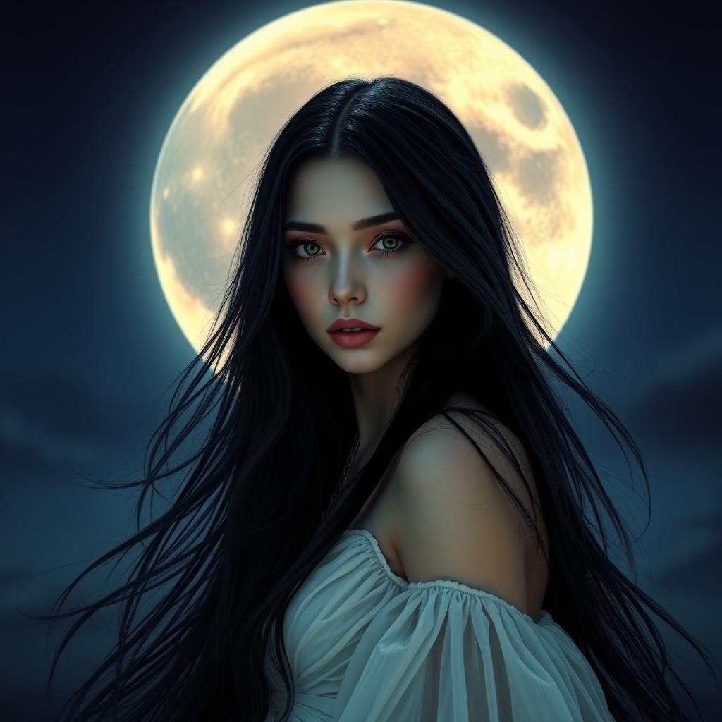 Surreal Goddess Under a Celestial, Glowing Red Moon