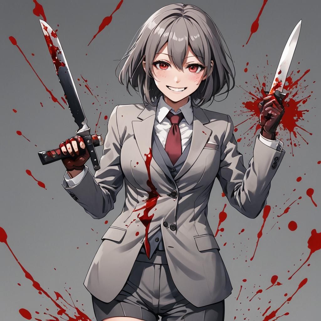 Bloodied Anime Warrior Smiles with Knife