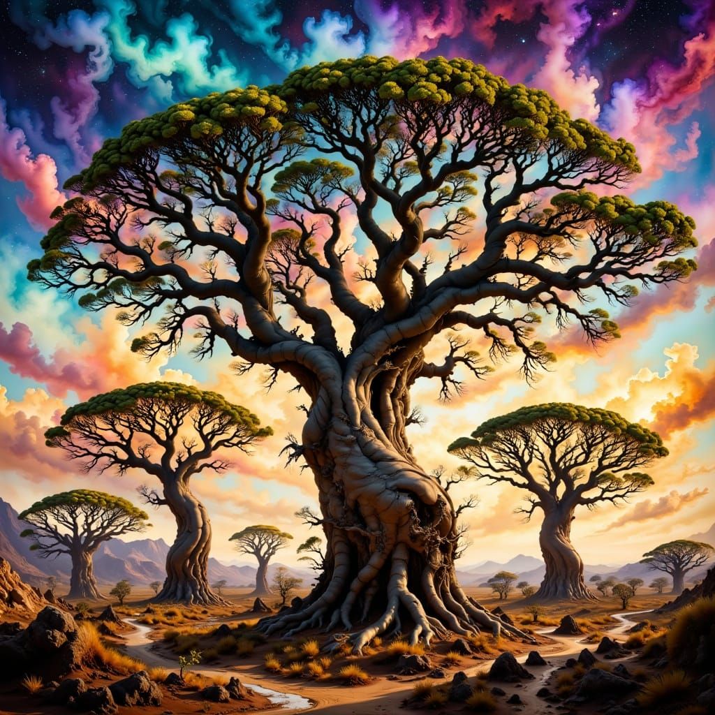 Ethereal Baobab Landscapes in Vibrant, Swirling Colors