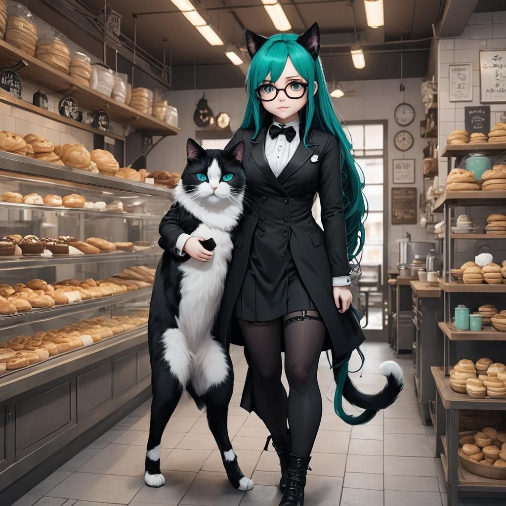 Goth Girl with Tuxedo Cat in a Whimsical Bakery Scene