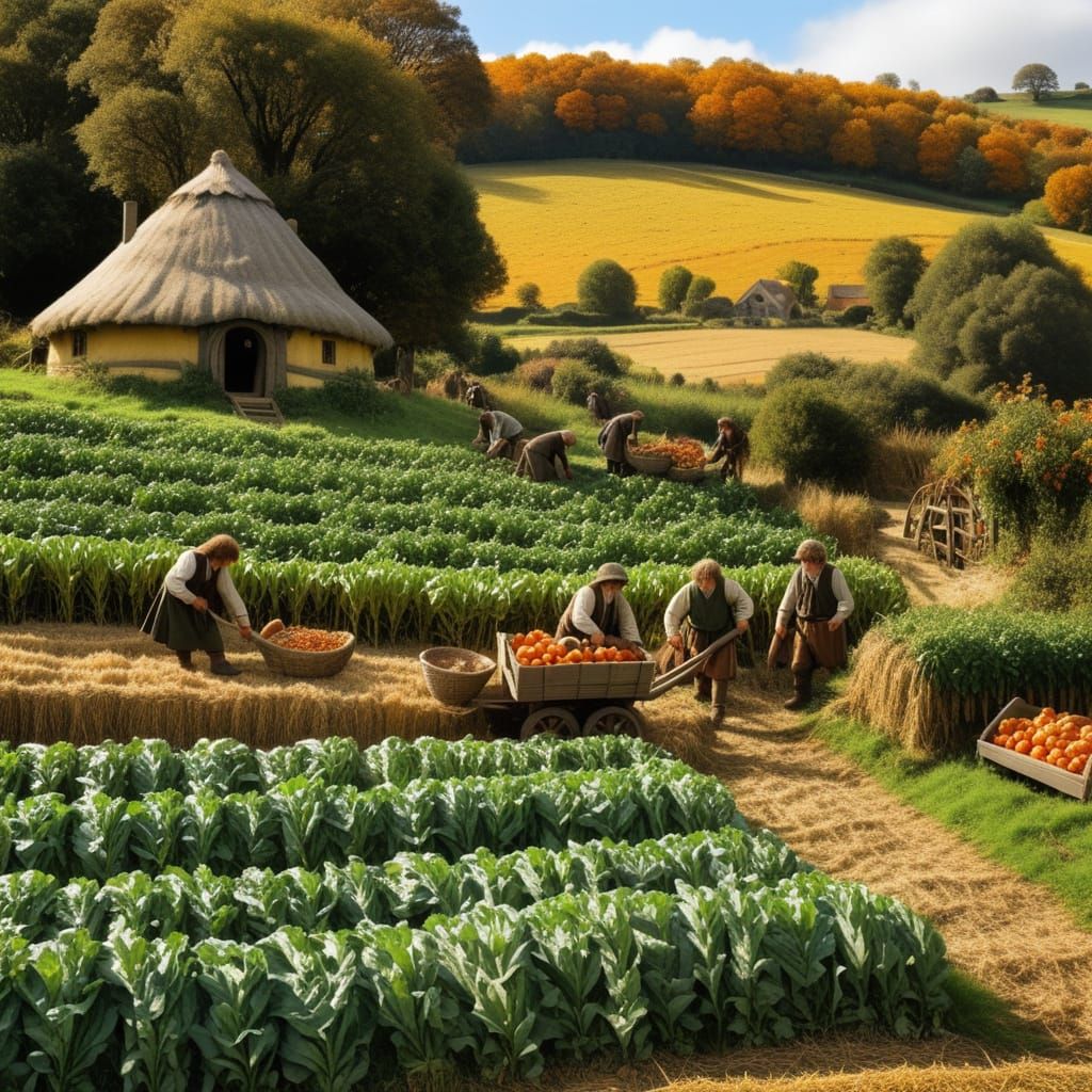 Hobbits Harvesting Autumn Crops in the Shire