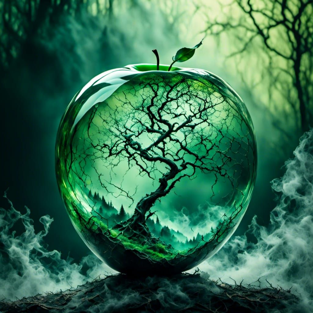 Ancient Tree Cradles Shimmering Green Apple