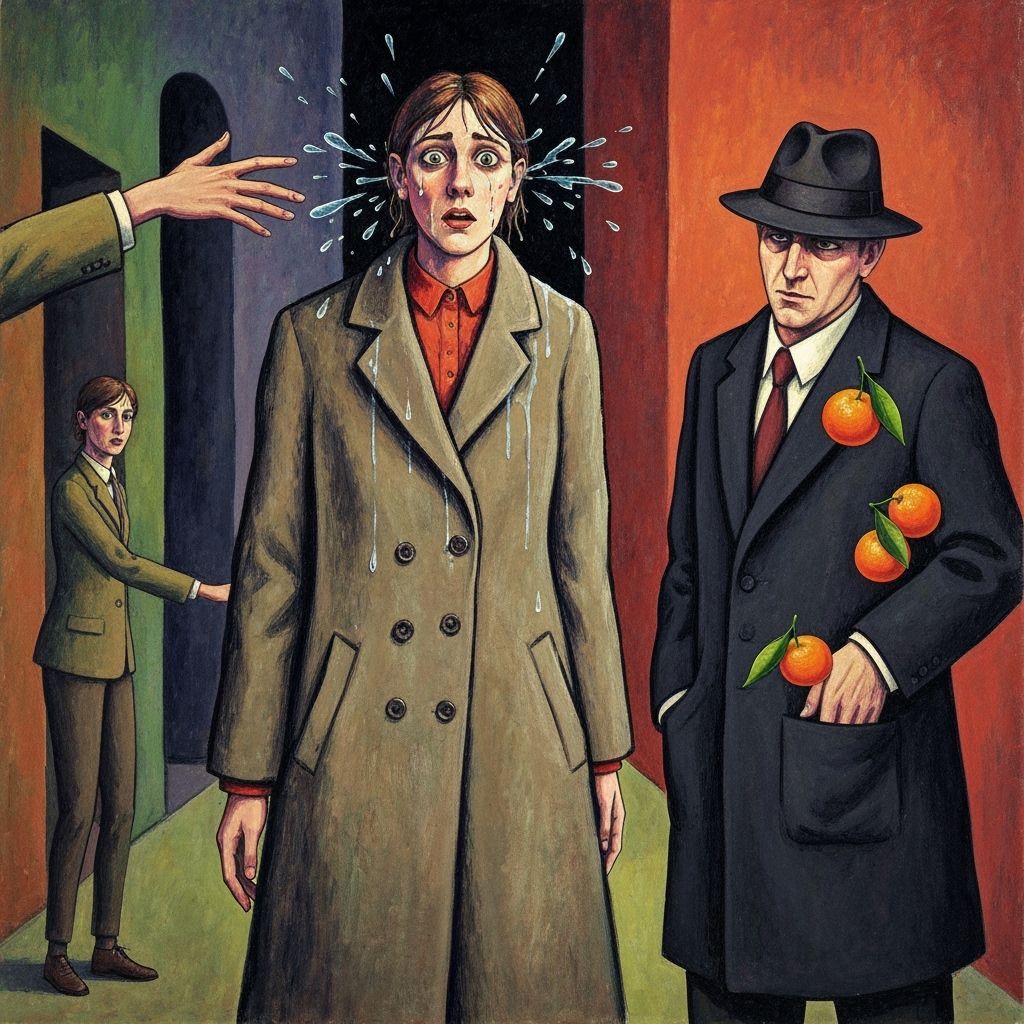 Apprehensive Figure in Dim Alley with Tangerines, Expressive...