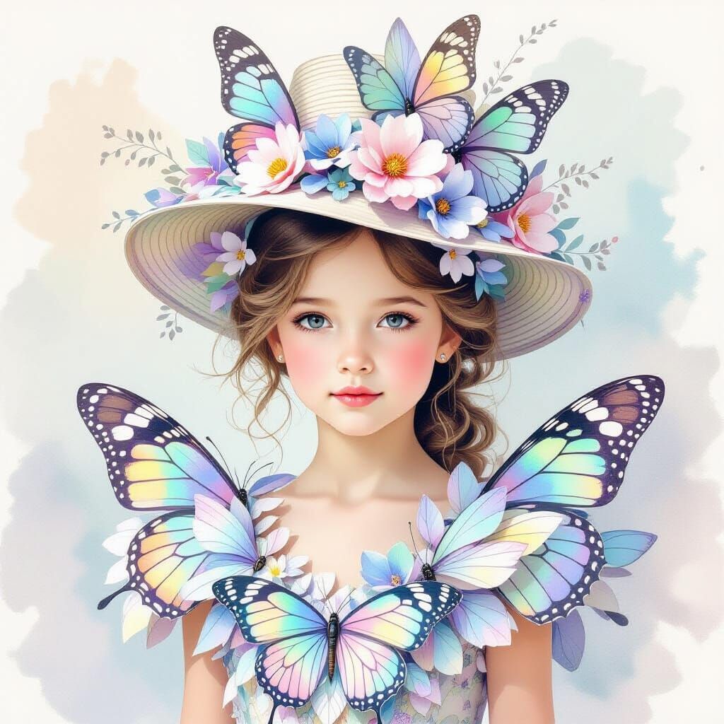 Girl in Butterfly Wing Dress and Hat in Watercolor