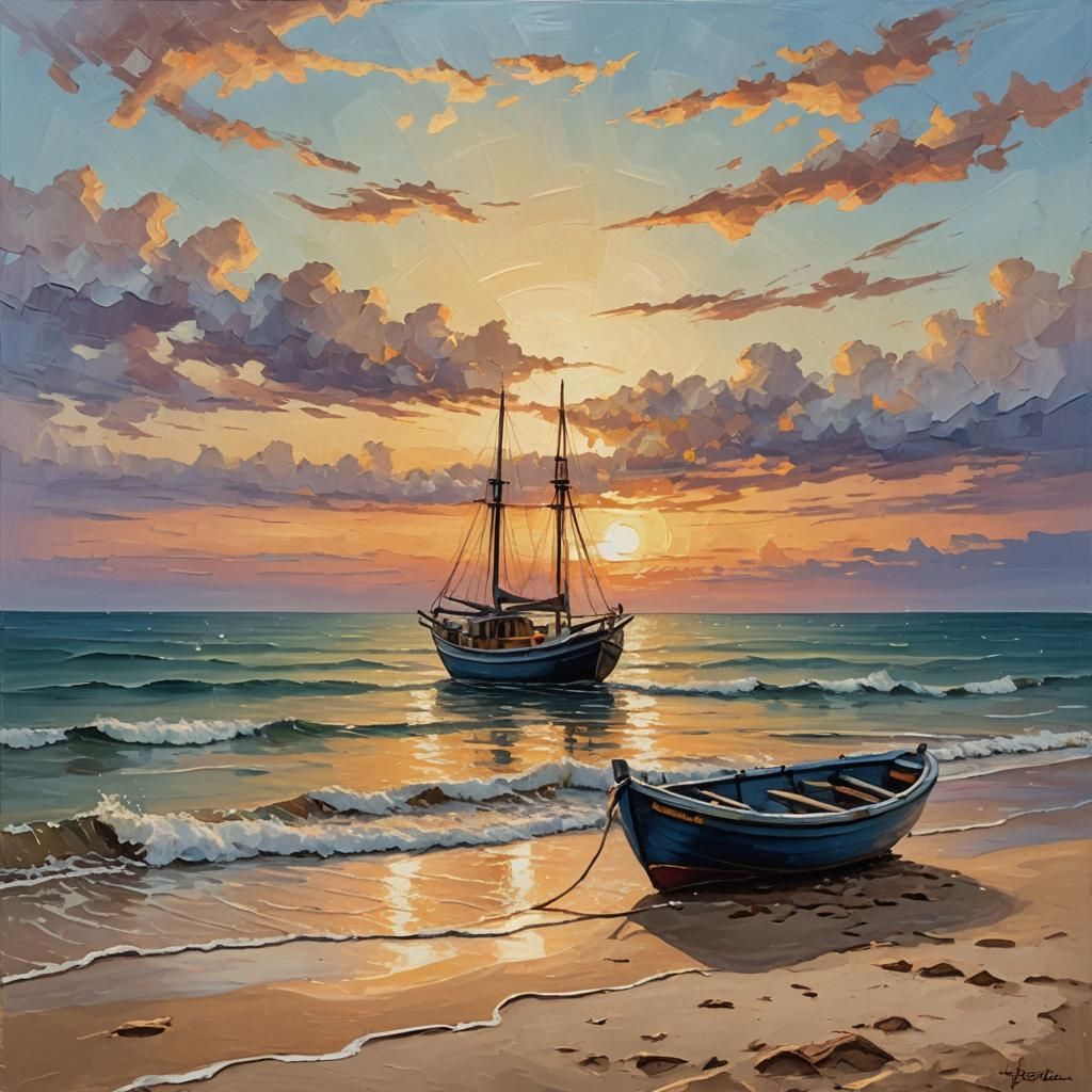 Serene Sunset on Calm Sea with Moored Cutter