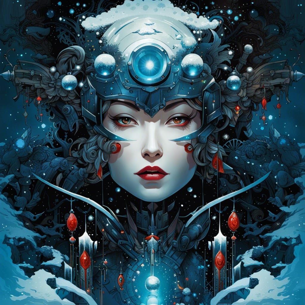 Cosmic Winter Guardian with Glowing Celestial Eyes