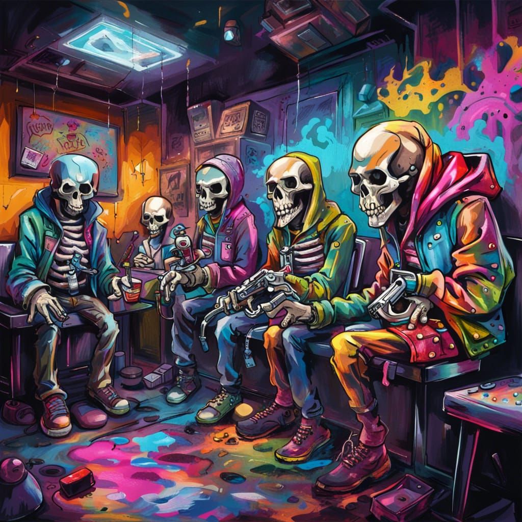 Surreal Gaming Scene with Skeletons in a Vibrant Graffiti Ca...