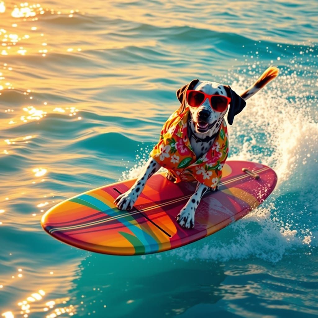 Surfing Dalmatian in Vibrant Hawaiian Surf Scene