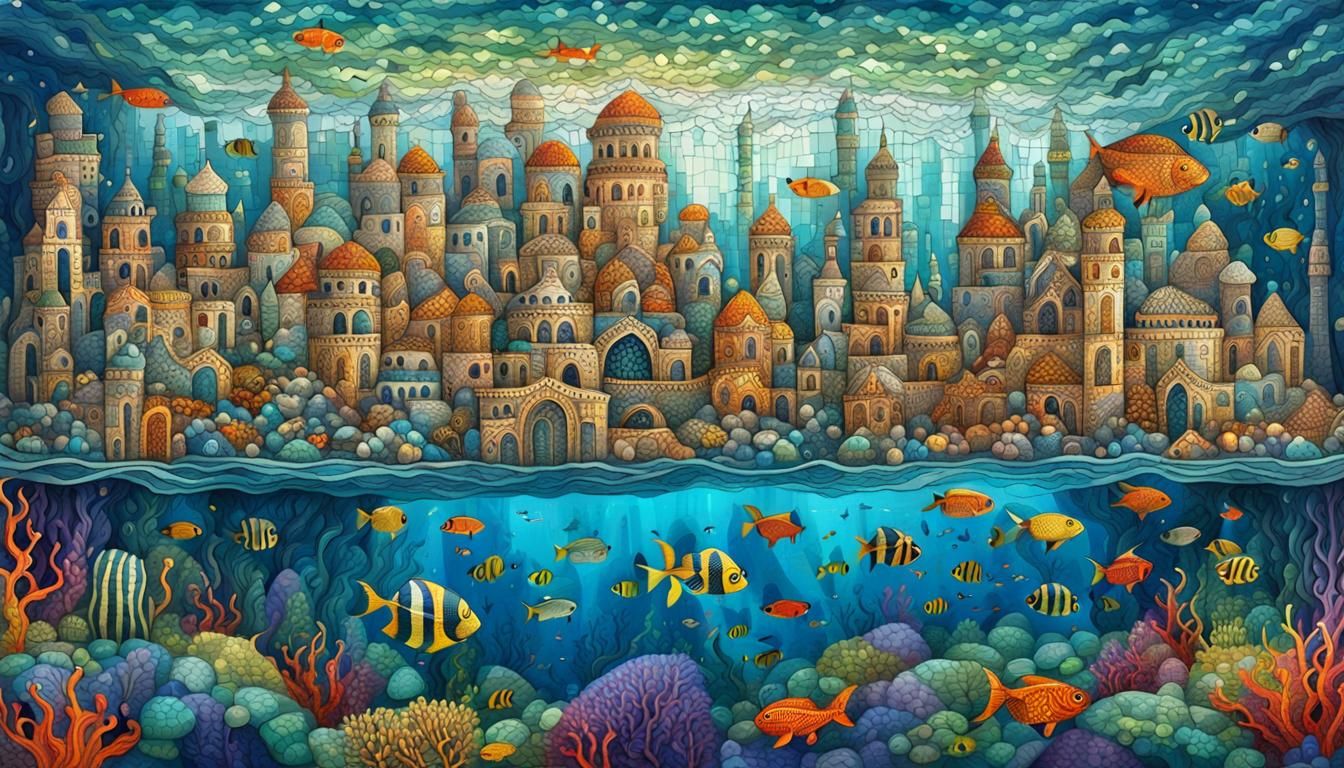 Vibrant Mosaic City Beneath the Waves