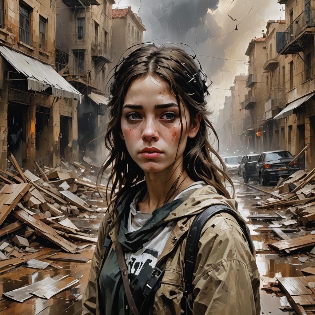Young Girl Seeks Hope Amid War-Torn Stormy Landscape in Expr...