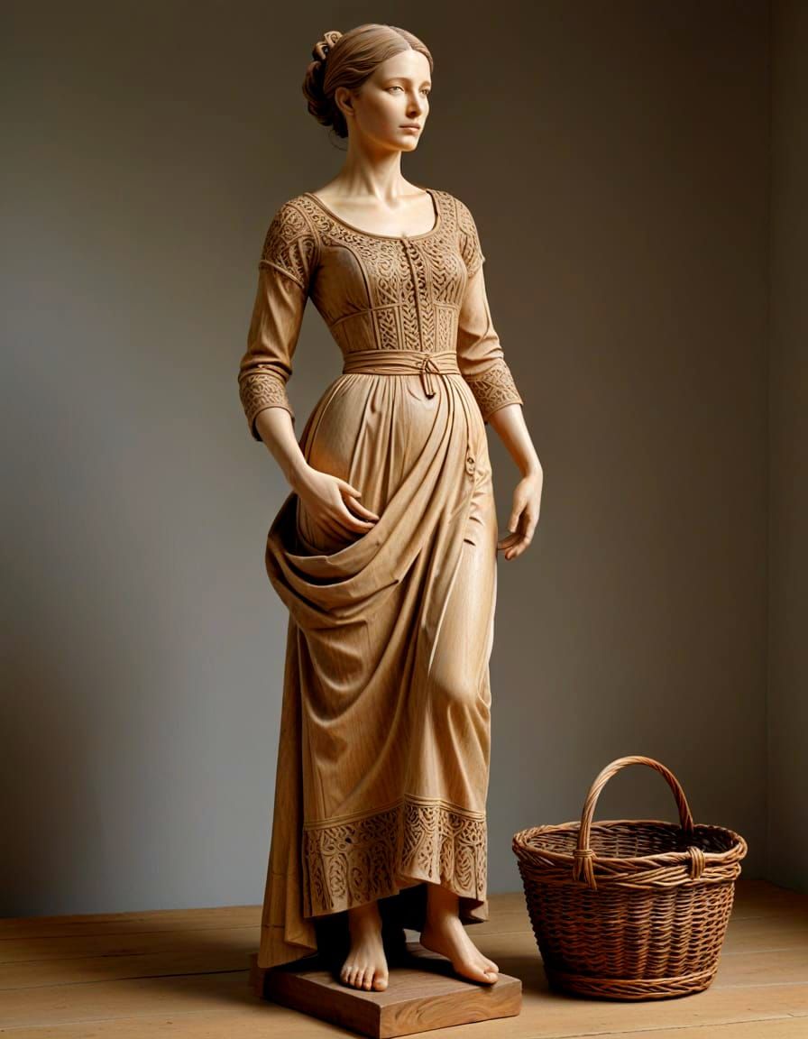 Wooden Sculpture of a Peasant Woman in Studio