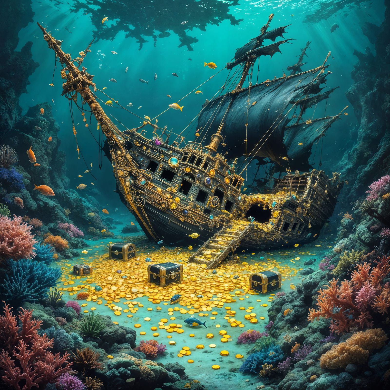 Sunken Pirate Ship with Coral Reef