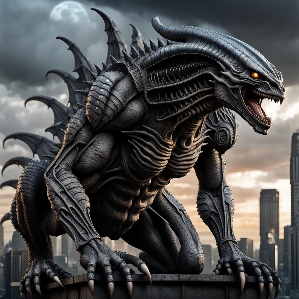 Colossal Gargoyle Xenomorph Djinn Godzilla in Post-Apocalypt...
