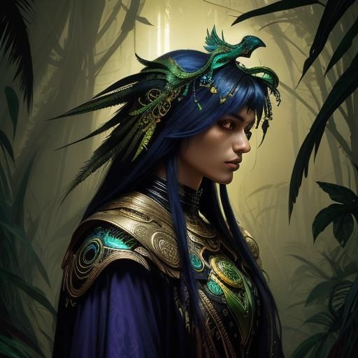 Mythical Quetzal Sits on Black Panther in Lunar Jungle