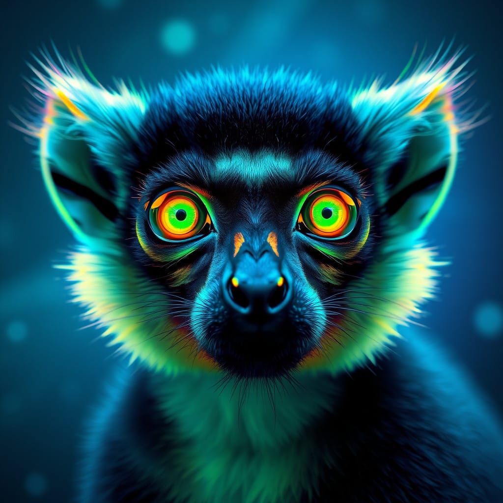 Electric Blue Lemur in Neon Futuristic Landscape