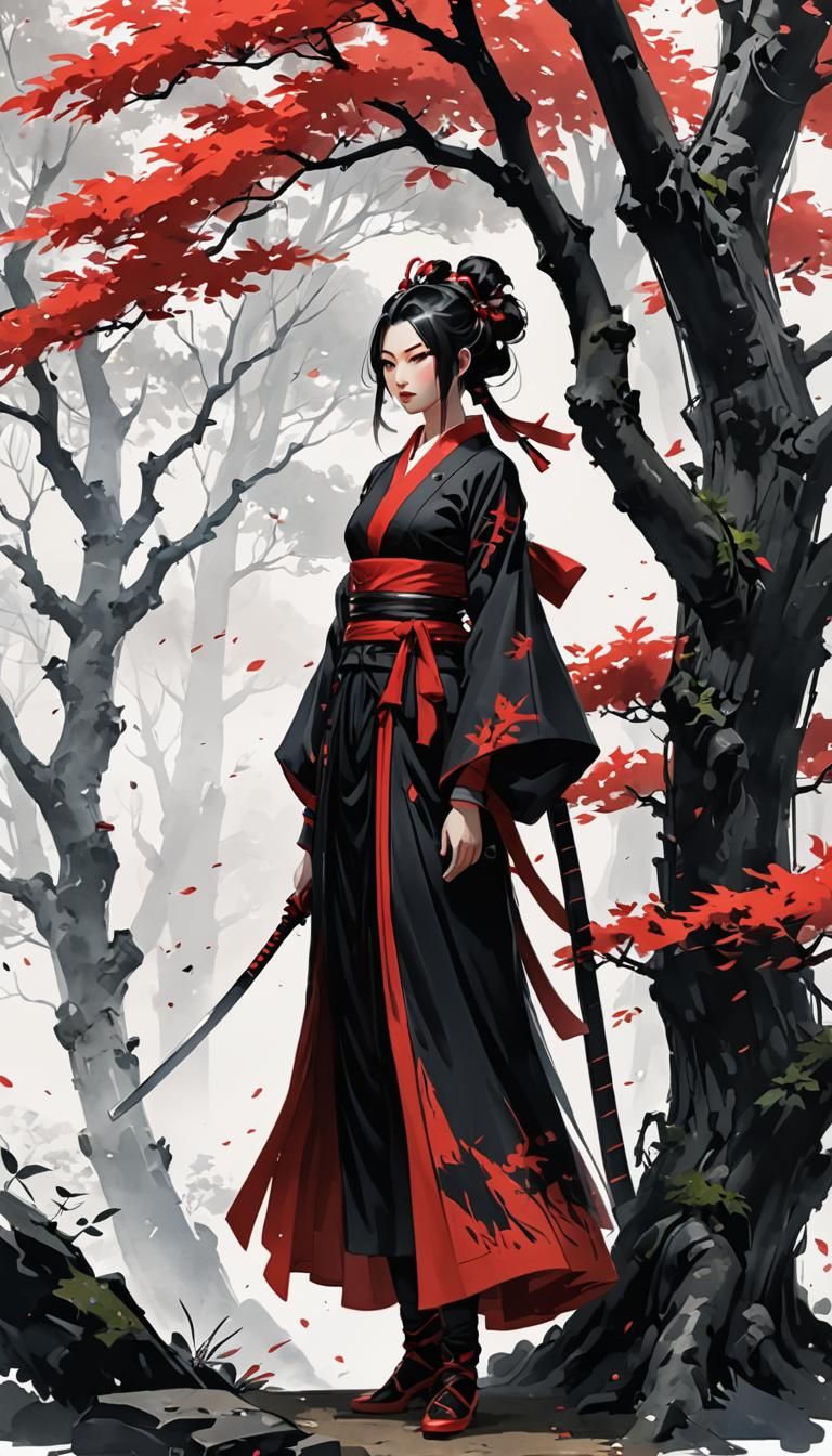 Surreal Ink Painting of Stealthy Female Warrior in Minimalis...