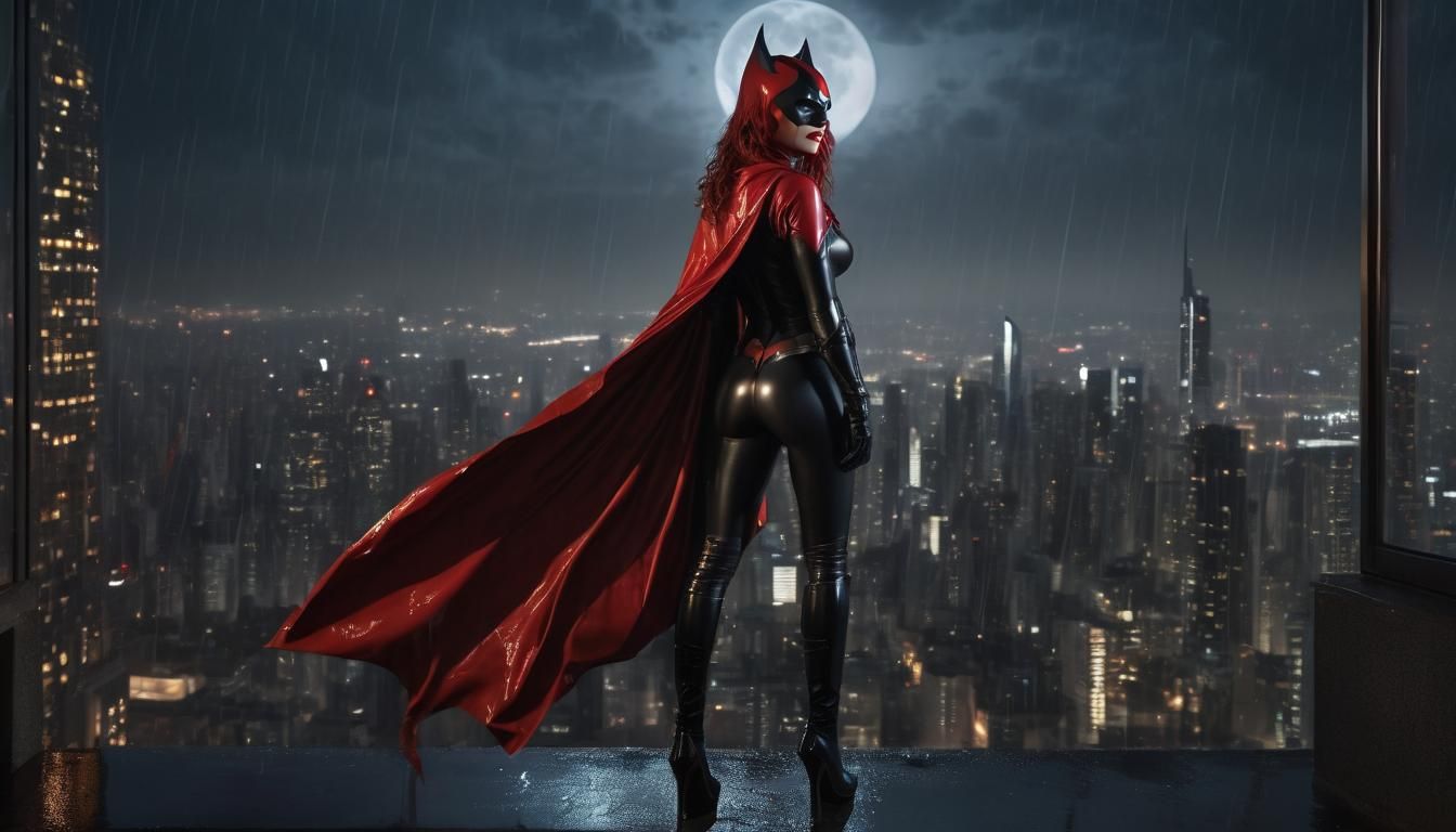 Superheroine in Latex Suit and High Heels Sways at City Edge