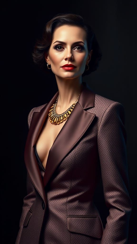 Elegant Woman in Textured Blazer with Gold Necklace