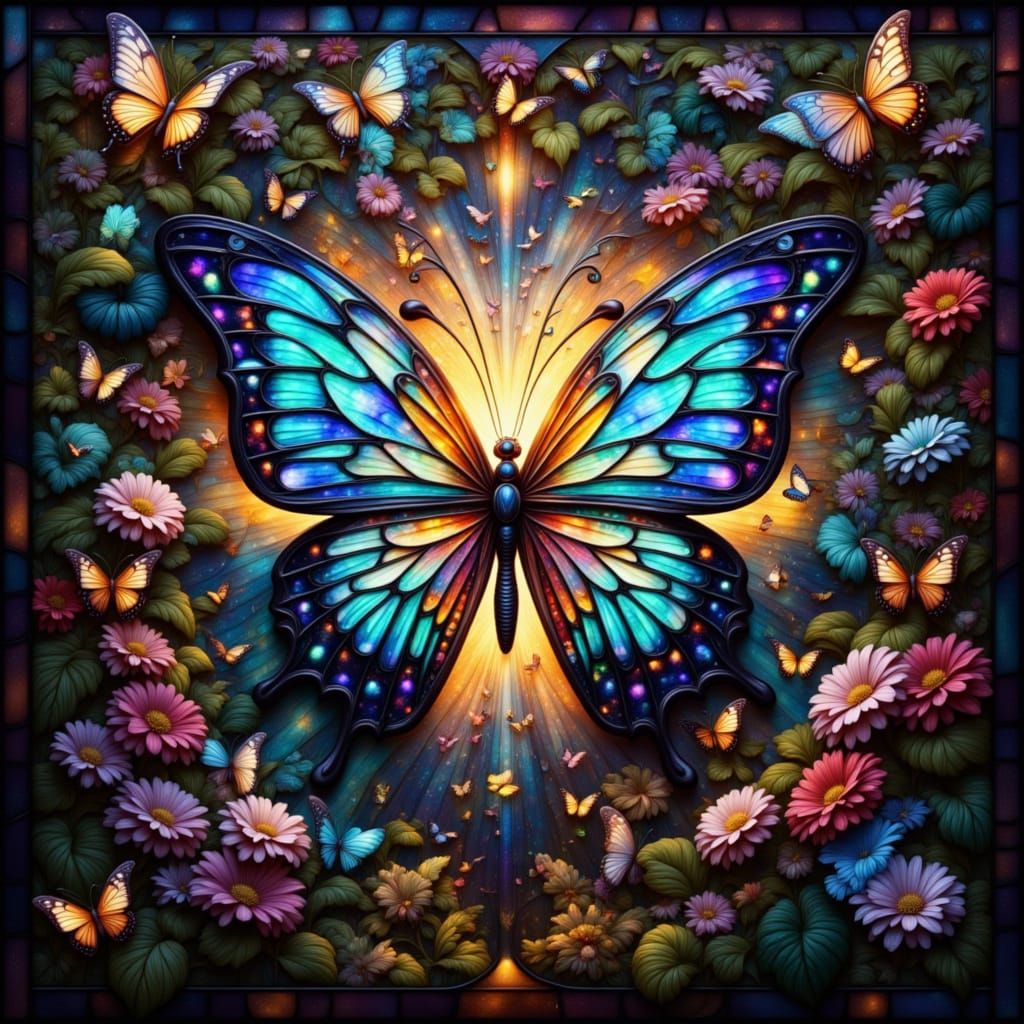 Stained Glass Butterflies in Radiant Light