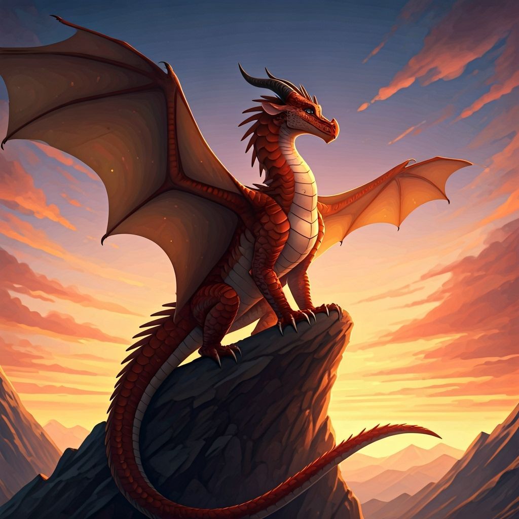 Majestic SkyWing Dragon Atop Mountaintop At Dawn