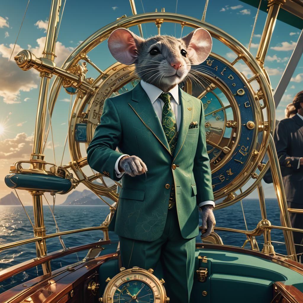 Corporate Mouse at the Helm of a Lavish Yacht in a Fantasy W...
