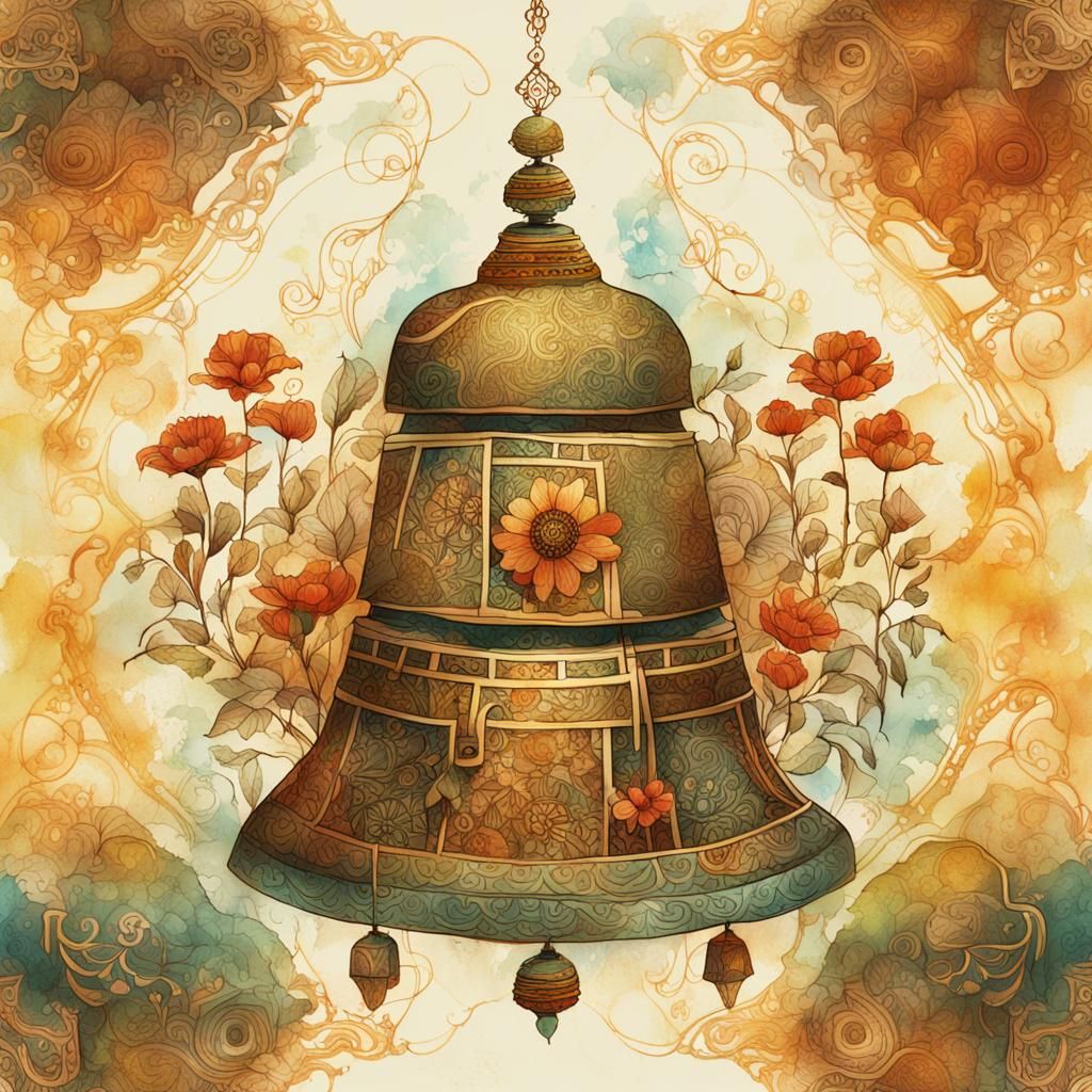 Intricate African Batik Illustration of Smiling Tibetan Bell...