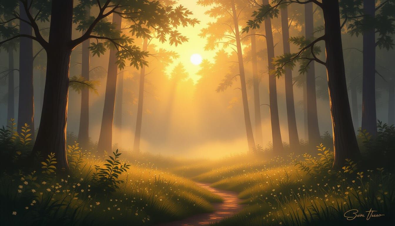 Golden Hour Forest Serenity Digital Painting