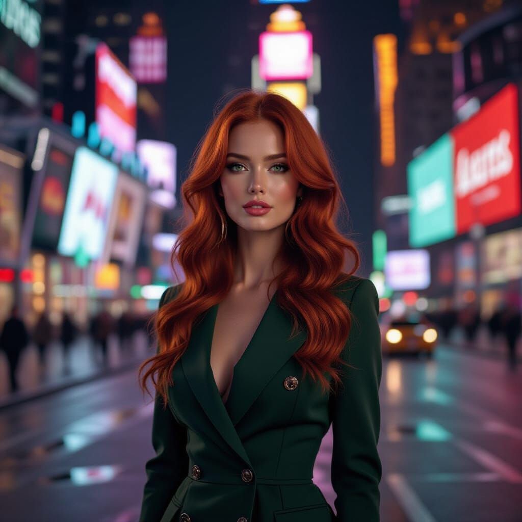 Redhead Supermodel in Times Square, Retro-Futuristic Style