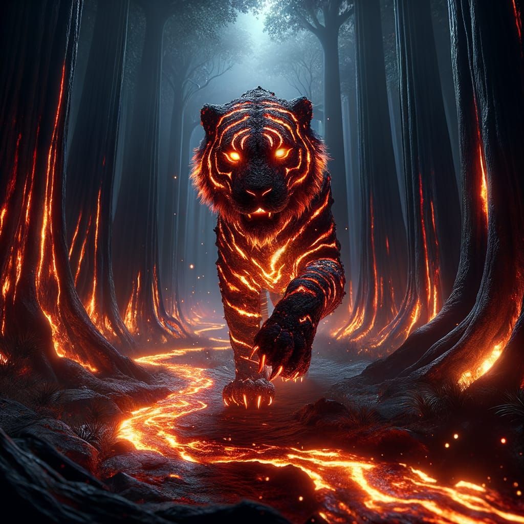 Majestic Lava Tiger in Dark Forest