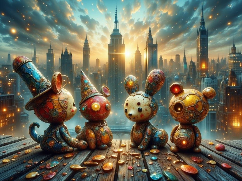 Whimsical Toy Robots Overlook City in Action Painting Style