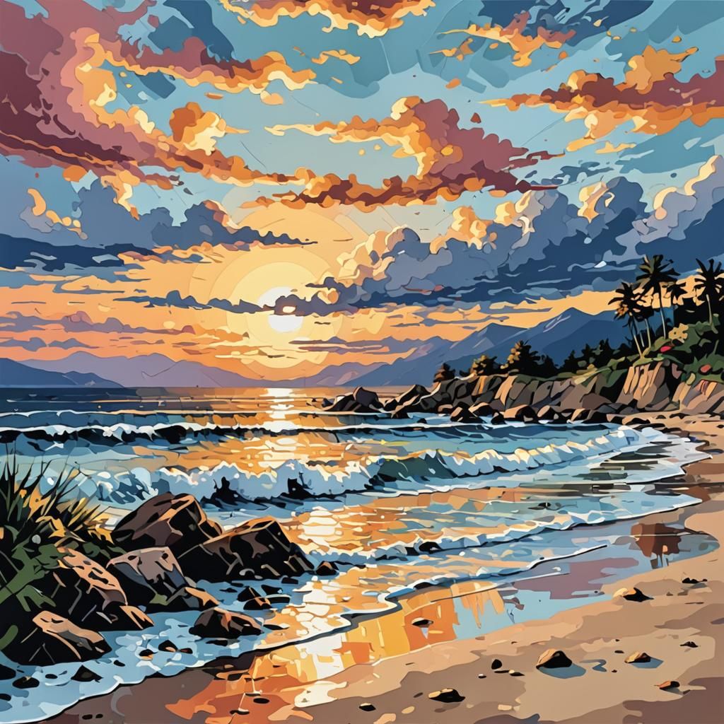 Paint-by-numbers kit featuring a serene beach sunset.