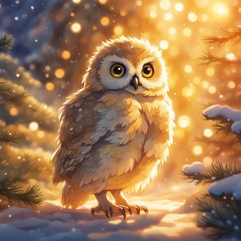 Golden Hour Baby Owl in Watercolour Christmas Setting