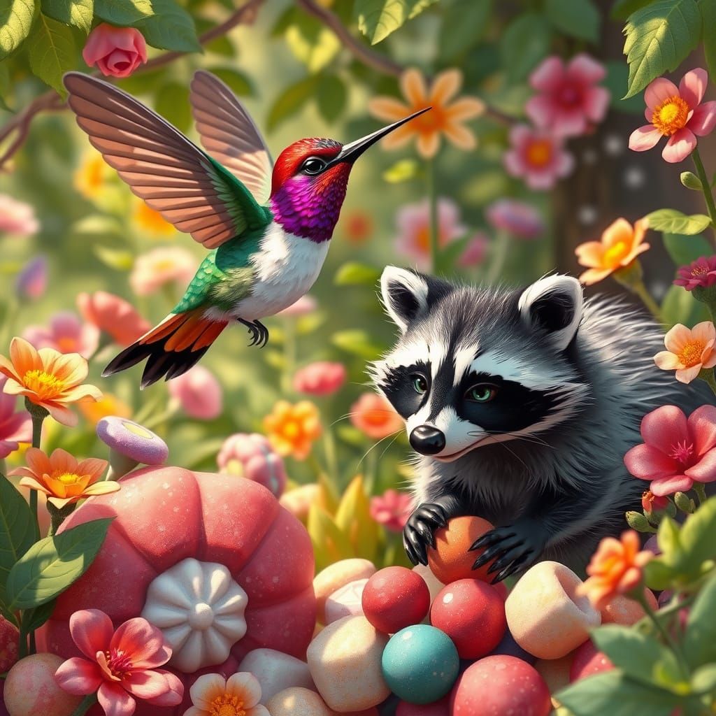 Romantic Garden Scene with Hummingbird and Raccoon in Whimsi...