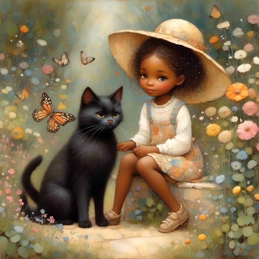 Whimsical Girl and Her Cat in the Garden