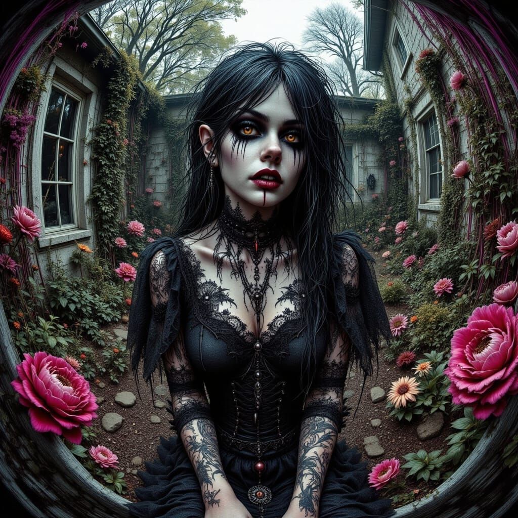 Goth-Punk Vampire in Overgrown Cyberpunk Garden