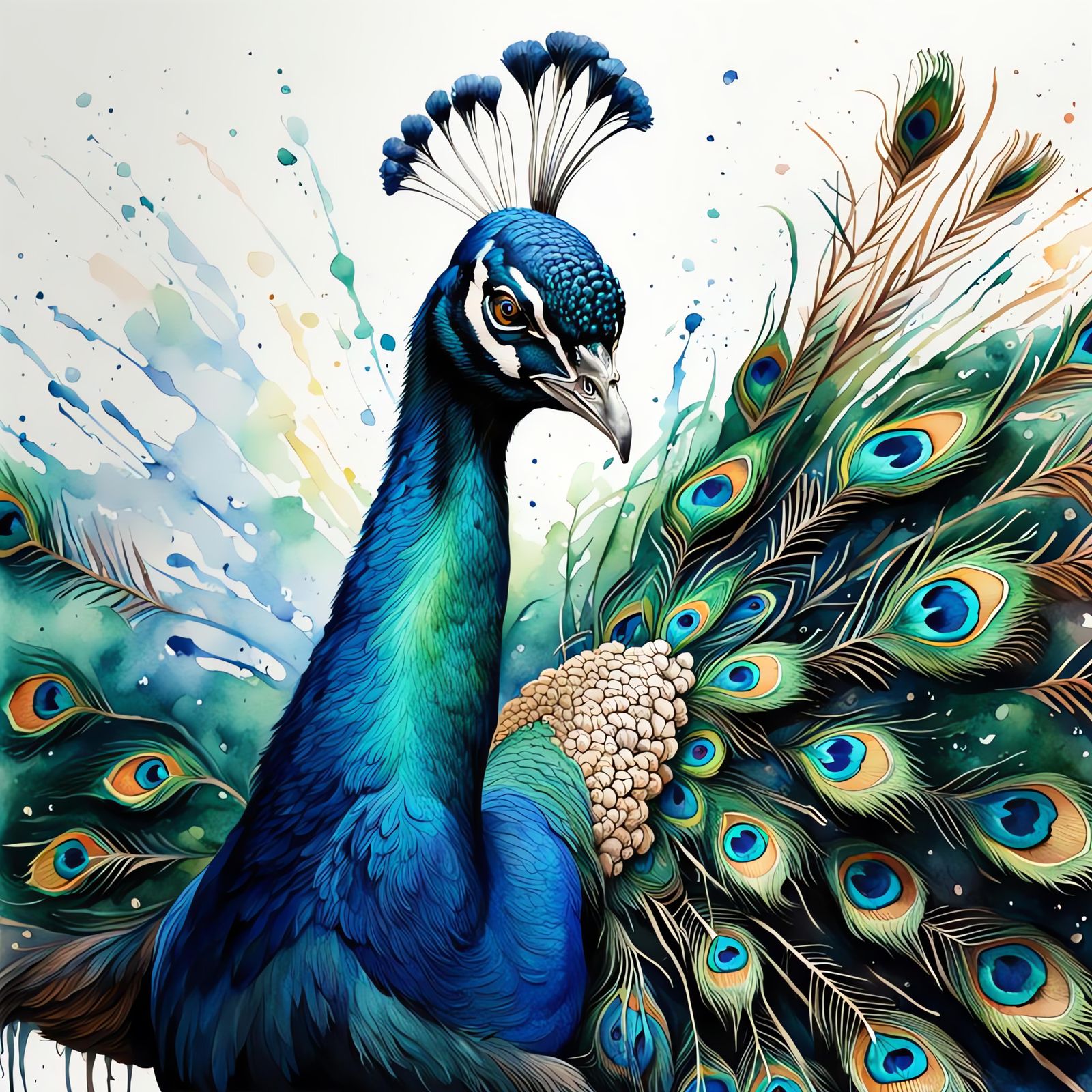 Vibrant Peacock Portrait in Hyperrealistic Watercolor