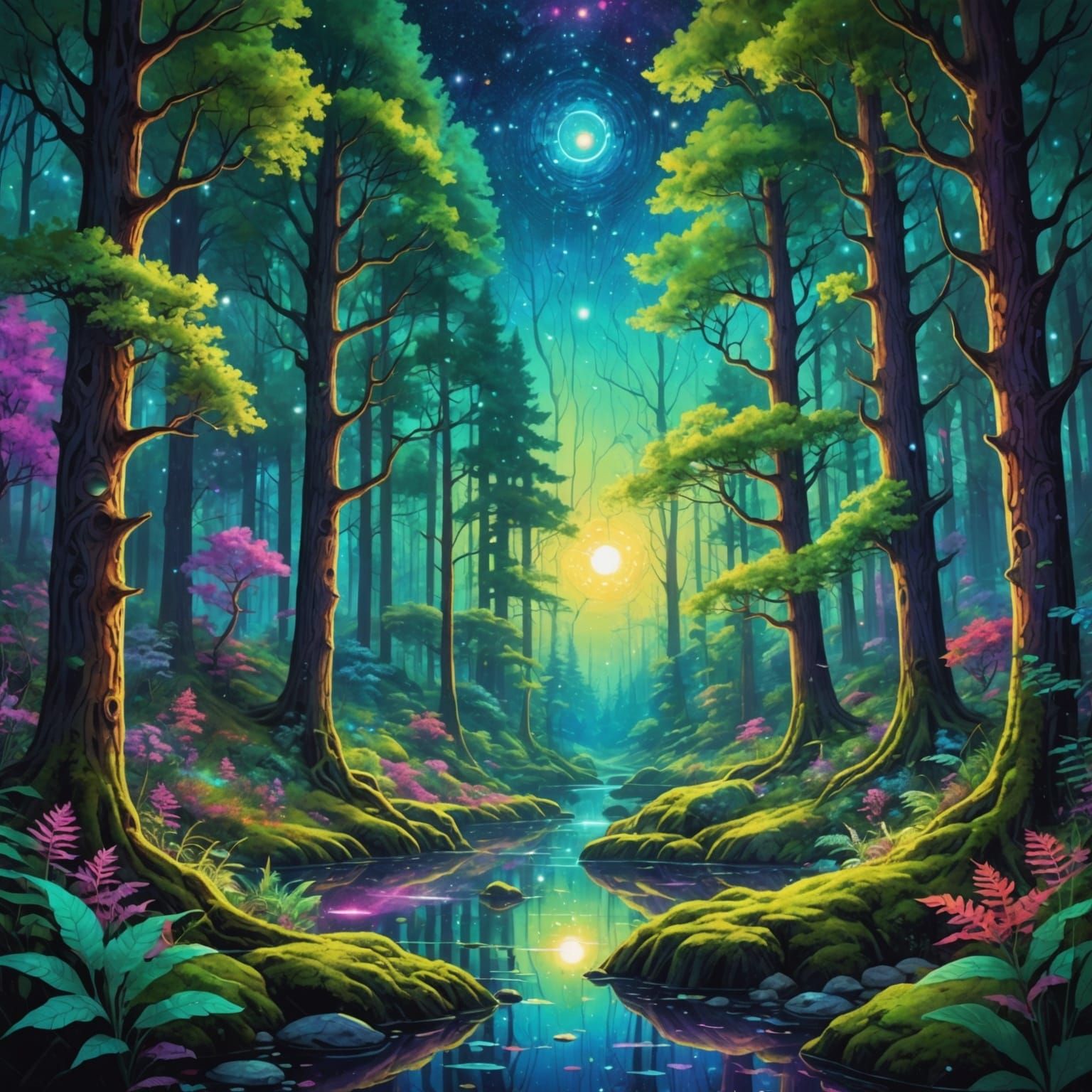 Ethereal Cosmic Forest in Holographic Illustration