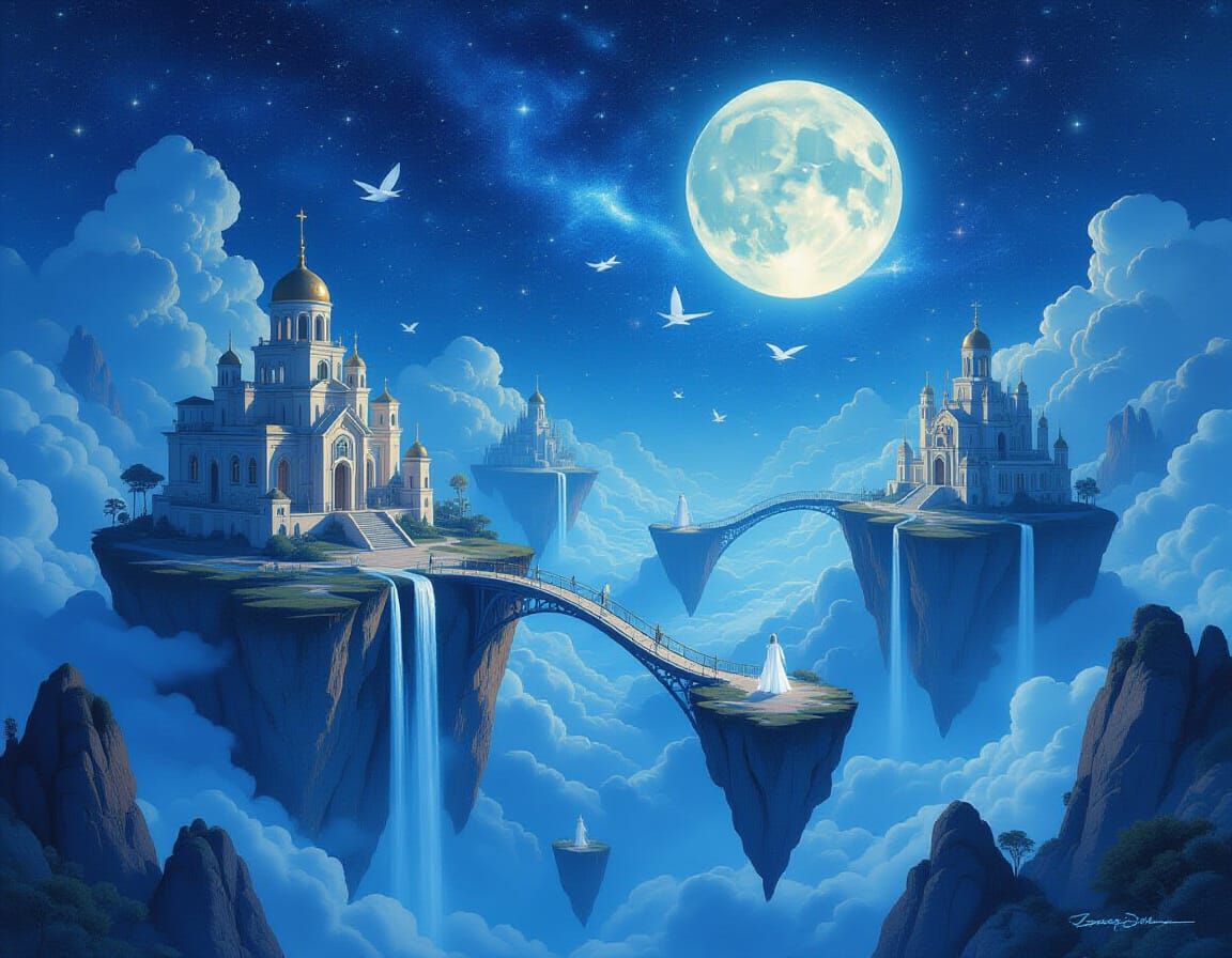 Surreal Dreamscape with Floating Islands and Light Creatures