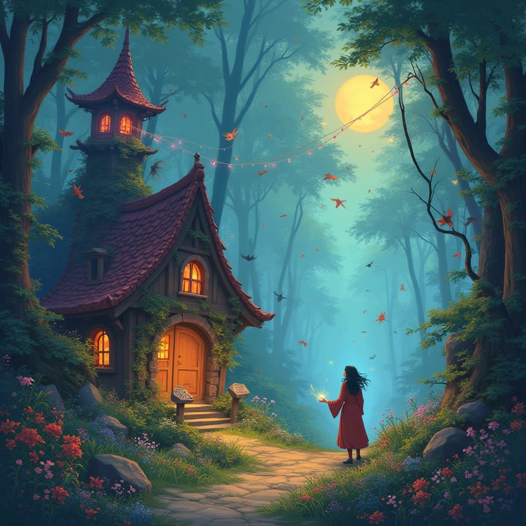 Mystical Fantasy Scene with Dreamy Folklore Illustration