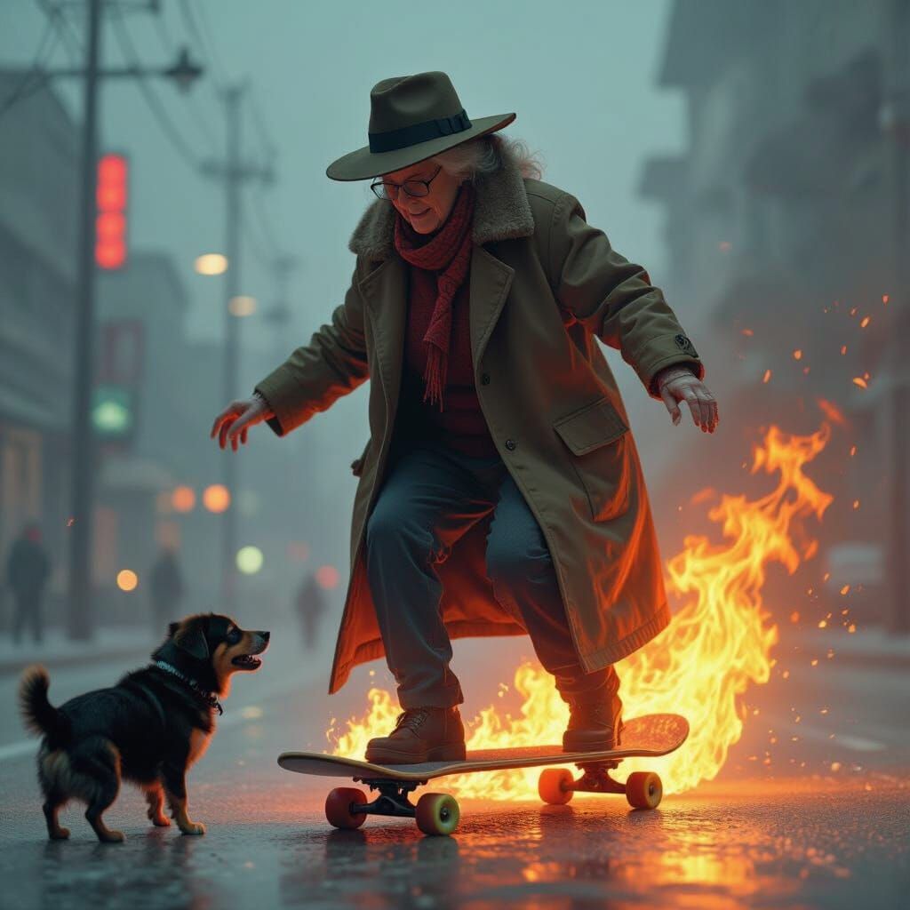 Elderly Woman on Fire Skateboard in Dystopian Scene
